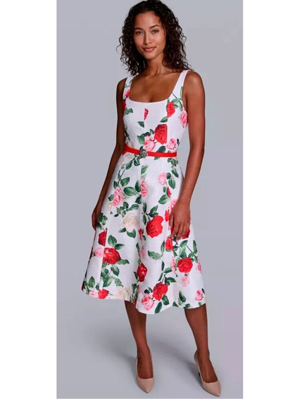 KARL LAGERFELD PARIS Sleeveless Square Neck Belted Floral Dress Size 0